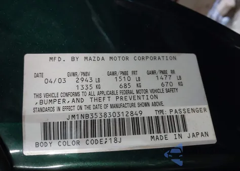 2003 Mazda Mx-5 Miata Cloth/Ls/Se/Shinsen z USA, uszkodzony, nr VIN JM1NB353830312849